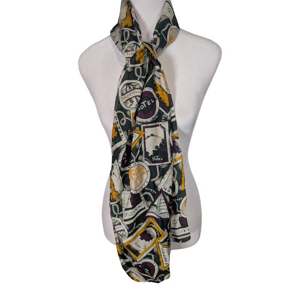 Axcess 100% Silk Scarf Vintage Hotel Luggage Label Print Green Yellow Purple 64"